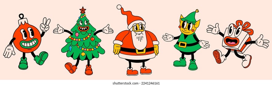 Frohe Weihnachten und Glück Neues Jahr Pack von trendigen Retro-Cartoon-Figuren. Groovy Hippie Weihnachtssticker mit Weihnachtsmann, Weihnachtsbaum, Elf, Geschenk und Ball. Vektorgrafik-Zeichen und