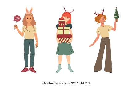 Merry Christmas and Happy New Year. Vector illustration isolated on white background. Set of three celebrating girls