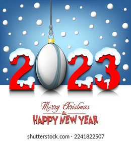 Merry Christmas and Happy New Year. Number 2023 and rugby ball as a Christmas decorations hanging on strings amid falling snow on a mirror surface. Pattern for greeting card. Vector illustration