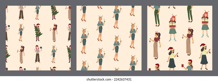 Merry Christmas and Happy New Year. Isolated vector Christmas character. Set of repeating surface patterns