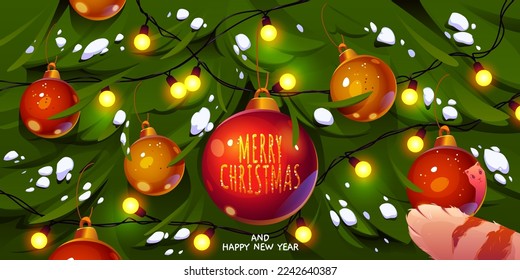 Merry Christmas and Happy New Year greeting card with funny cat paw touching bauble hanging on decorated spruce looking on reflection with cute muzzle. Funny pet character, Cartoon vector illustration