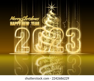 Merry Christmas and Happy New Year 2023, tree gold lights dust decoration, golden blurred magic glow on dark background. Merry Christmas holiday celebration. Vector illustration banner greeting card