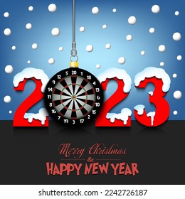 Merry Christmas and Happy New Year. Number 2023 and dartboard as a Christmas decorations hanging on strings amid falling snow on a mirror surface. Pattern for greeting card. Vector illustration