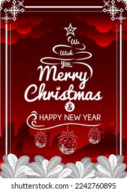 merry christmas and happy new year banner, red hanging christmas ball winter night vector template