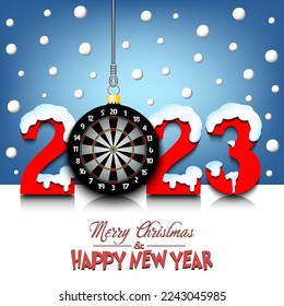 Merry Christmas and Happy New Year. Number 2023 and dartboard as a Christmas decorations hanging on strings amid falling snow on a mirror surface. Pattern for greeting card. Vector illustration