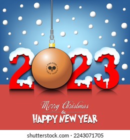 Merry Christmas and Happy New Year. Number 2023 and ping-pong ball as a Christmas decorations hanging on strings amid falling snow on a mirror surface. Pattern for greeting card. Vector illustration