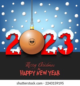 Merry Christmas and Happy New Year. Number 2023 and ping-pong ball as a Christmas decorations hanging on strings amid falling snow on a mirror surface. Pattern for greeting card. Vector illustration
