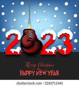Merry Christmas and Happy New Year. Number 2023 and boxing glove as a Christmas decorations hanging on strings amid falling snow on a mirror surface. Pattern for greeting card. Vector illustration