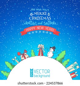 Merry Christmas and Happy New Year. Various Christmas objects. There is place for your text on the Earth.