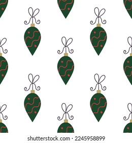 Merry Christmas and Happy New Year! Glass Christmas tree baubles with cute bows. Winter festival seamless pattern.  