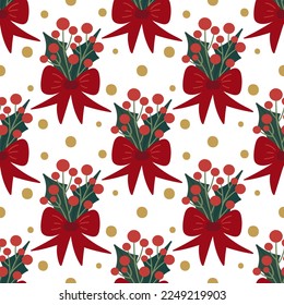 Merry Christmas and Happy New Year! Winter festival seamless pattern. Bouquet with holly leaves, berries and red bow