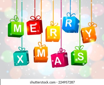 Merry Christmas and a happy new year. The background for greeting cards with Christmas decorations in the form of suspended gifts. 3d cubes with letters. Vector illustration.