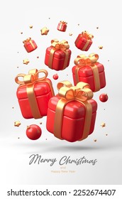 Merry Christmas and Happy New Year festive composition. Colorful Xmas background with realistic 3d trees and gift boxes. Vector illustration