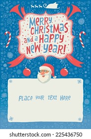 Merry Christmas and a Happy New Year Greeting card, poster or background for party invitation with hand lettering typography.
