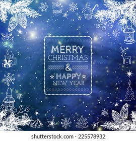 Merry Christmas and Happy New Year Card with Christmas balls, candles, pomanders and stars. Typography Christmas card design on blurred glowing background. Elements of this image furnished by NASA. 