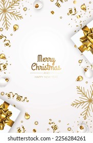 Merry Christmas and Happy New Year. Xmas Festive background with realistic 3d objects, gift box, gold balls.