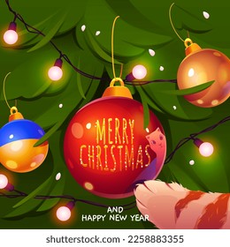 Merry Christmas and Happy New Year greeting card with funny cat paw touching bauble hanging on decorated spruce looking on reflection with cute muzzle. Funny pet character, Cartoon vector illustration