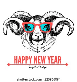 Merry Christmas and Happy New Year card with sketch portrait of hipster sheep. Hand drawn vector illustration