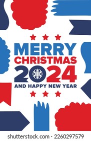 Merry Christmas and Happy New Year 2024. Magic holiday poster with snowflake. Winter celebration event. Christmas party. Congratulation card. Festive design template. Vector illustration