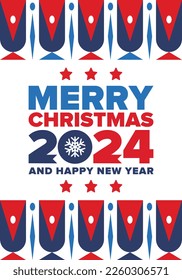 Merry Christmas and Happy New Year 2024. Magic holiday poster with snowflake. Winter celebration event. Christmas party. Congratulation card. Festive design template. Vector illustration