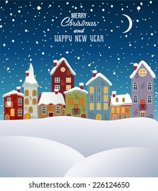 Merry Christmas and happy new year, town in winter.Vector