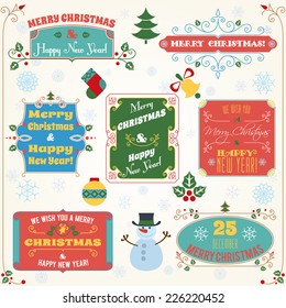 Merry christmas and happy new year holiday decoration colored labels with wishes set vector illustration