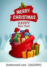 Merry christmas happy new year poster with bag of holiday gifts boxes on winter forest background vector illustration