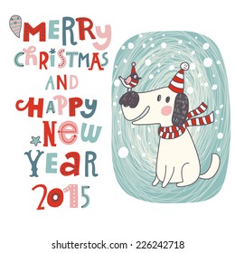 Feliz Navidad y Feliz Año Nuevo en vectores. Tarjeta de vacaciones de caricatura con perro y pájaro adorable