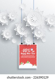 Merry Christmas and Happy New Year background discount percent with snowflake and poster with text. Winter Christmas sale design elements