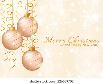 Merry Christmas and Happy New Year! Greeting card with christmas balls and serpentine. Holiday background. Vector illustration.