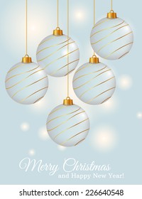 Merry Christmas and Happy New Year! Greeting card with blue christmas balls. Vector illustration. 