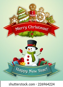 Merry Christmas and happy new year ribbon banner set with ginger man and snowman with gift boxes isolated vector illustration