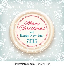 Merry Christmas and Happy New Year 2015  badge on winter snow background. Vector illustration