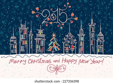 Merry Christmas and Happy New Year! Beautiful card with a winter holiday town.