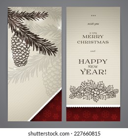 Merry Christmas and Happy New Year flyers, with hand drawn fir and holly