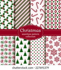 Merry Christmas and Happy New Year! Set of holiday backgrounds. Collection of seamless patterns with white, red and green colors. Vector illustration. 