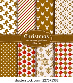 Merry Christmas and Happy New Year! Set of holiday backgrounds. Collection of seamless patterns with white, red and gold colors. Vector illustration. 