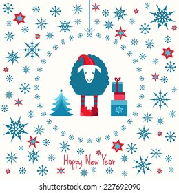 Merry Christmas! Happy New Year! Tree. Holiday card with sheep.