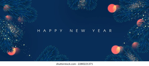 Merry Christmas and Happy New Year! Season holiday background with soft light effect, fir tree branches and bokeh.