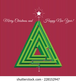 Merry Christmas and Happy New Year greeting card. Vector spruce in the form of the maze. Design concept