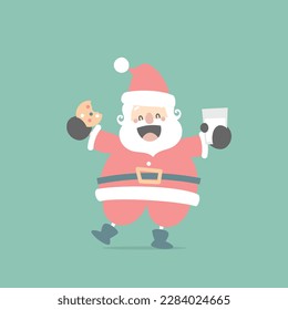 merry christmas and happy new year with cute santa claus and cookies in the winter season green background, flat vector illustration cartoon character costume design