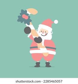 merry christmas and happy new year with cute santa claus and candy cane in the winter season green background, flat vector illustration cartoon character costume design