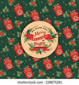 Merry Christmas and Happy New Year background. Design elements for posters, flyers, graphics module, paper, wallpaper. Seamless pattern with Christmas gifts.