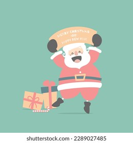 merry christmas and happy new year with cute santa claus and present gift in the winter season green background, flat vector illustration cartoon character costume design