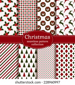 Merry Christmas and Happy New Year! Set of holiday backgrounds. Collection of seamless patterns with white, red and green colors. Vector illustration.