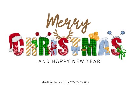 Merry christmas and happy new year. Hand drawn doodle text with Santa hat, antler and garlands. Christmas design for poster, banner, t shirt, card, flyer. Vector illustration	