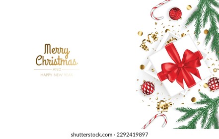 Merry Christmas and Happy New Year. Xmas Festive background with realistic 3d objects, gift box, gold and white balls.