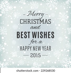 Merry Christmas  and Happy New Year text label on a winter background with snow and snowflakes. Greeting card. Vector illustration