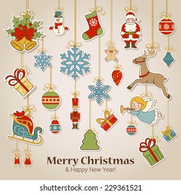 Merry Christmas and Happy New Year sticker label decorations modern style vector postcard template. Stylish concept icons set of Xmas and winter holidays. Collection of celebration object and item.