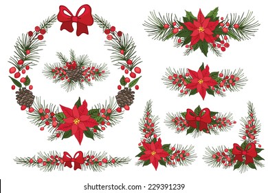 Merry Christmas and Happy New Year Wreath ,group,border.Modern flat decor elements for invitations,print,feb,card,banner. Christmas festive vector